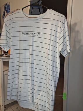 Cactus White Tee with Thin Black Stripes and Center Chest Slogan
